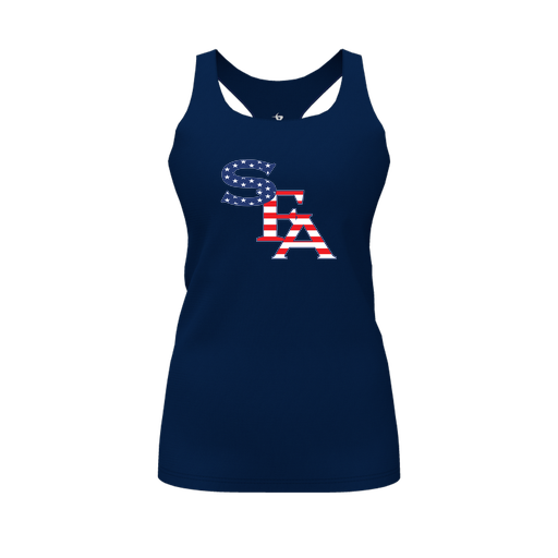 [CUS-DFW-RCBK-PER-NVY-FYS-LOGO1] Racerback Tank Top (Female Youth S, Navy, Logo 1)