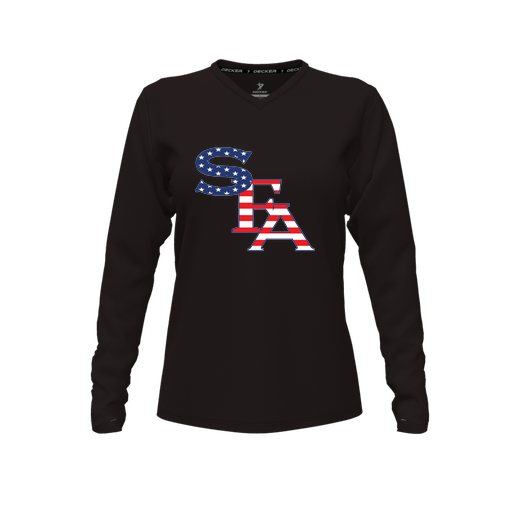 [CUS-DFW-TEES-CMF-VNK-LSL-BLK-FYXS-LOGO1] Comfort T-Shirt (Female Youth XS, Black, V Neck, Logo 1, Long Sleeve)