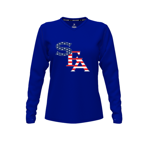 [CUS-DFW-TEES-CMF-VNK-LSL-RYL-FYXS-LOGO1] Comfort T-Shirt (Female Youth XS, Royal, V Neck, Logo 1, Long Sleeve)