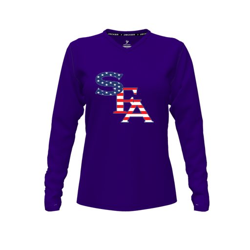 [CUS-DFW-TEES-CMF-VNK-LSL-PUR-FYXS-LOGO1] Decker Comfort T-Shirt (Female Youth XS, Purple, V Neck, Logo 1, Long Sleeve)