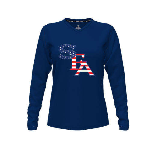 [CUS-DFW-TEES-PER-VNK-LSL-NVY-FYXS-LOGO1] Performance T-Shirt (Female Youth XS, Navy, V Neck, Logo 1, Long Sleeve)