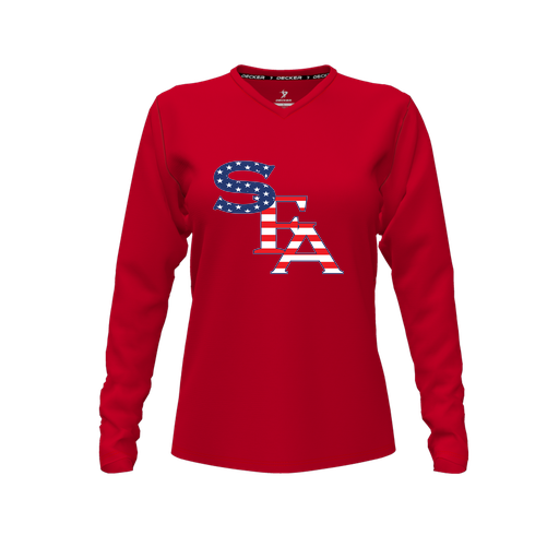 [FTLVPTRD-FYXS-LOGO1] Decker Performance T-Shirt (Female Youth XS, Red, V Neck, Logo 1, Long Sleeve)